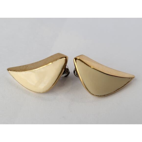 Vintage Monet Pierced Earrings Chevron Shape Cream Gold - Picture 3 of 5